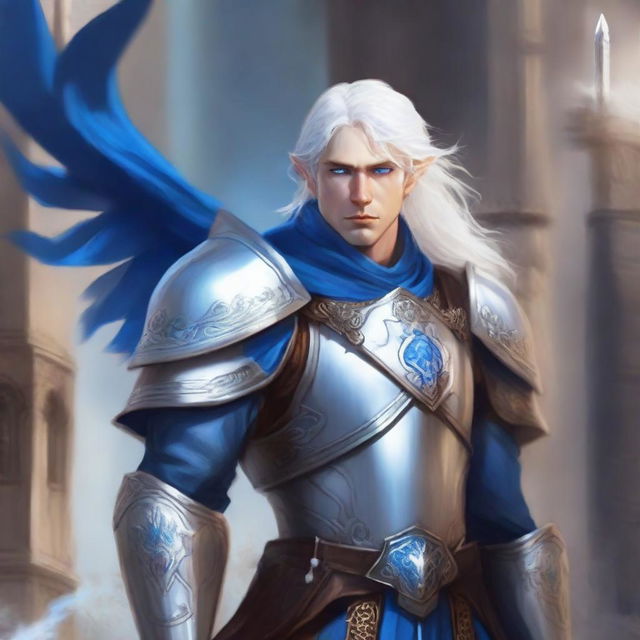 Create an image of a half-elf paladin with striking white hair and bright blue eyes