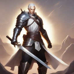 Generate an image of a half-elf paladin with short white hair