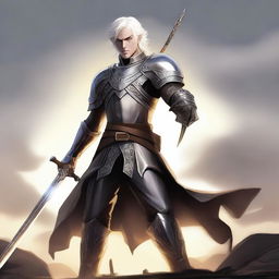 Generate an image of a half-elf paladin with short white hair