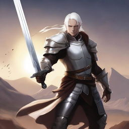 Generate an image of a half-elf paladin with short white hair