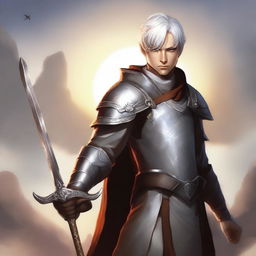 Generate an image of a half-elf paladin with short white hair