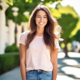 A beautiful young woman in her 20s with long hair, a confident smile, and stylish clothing