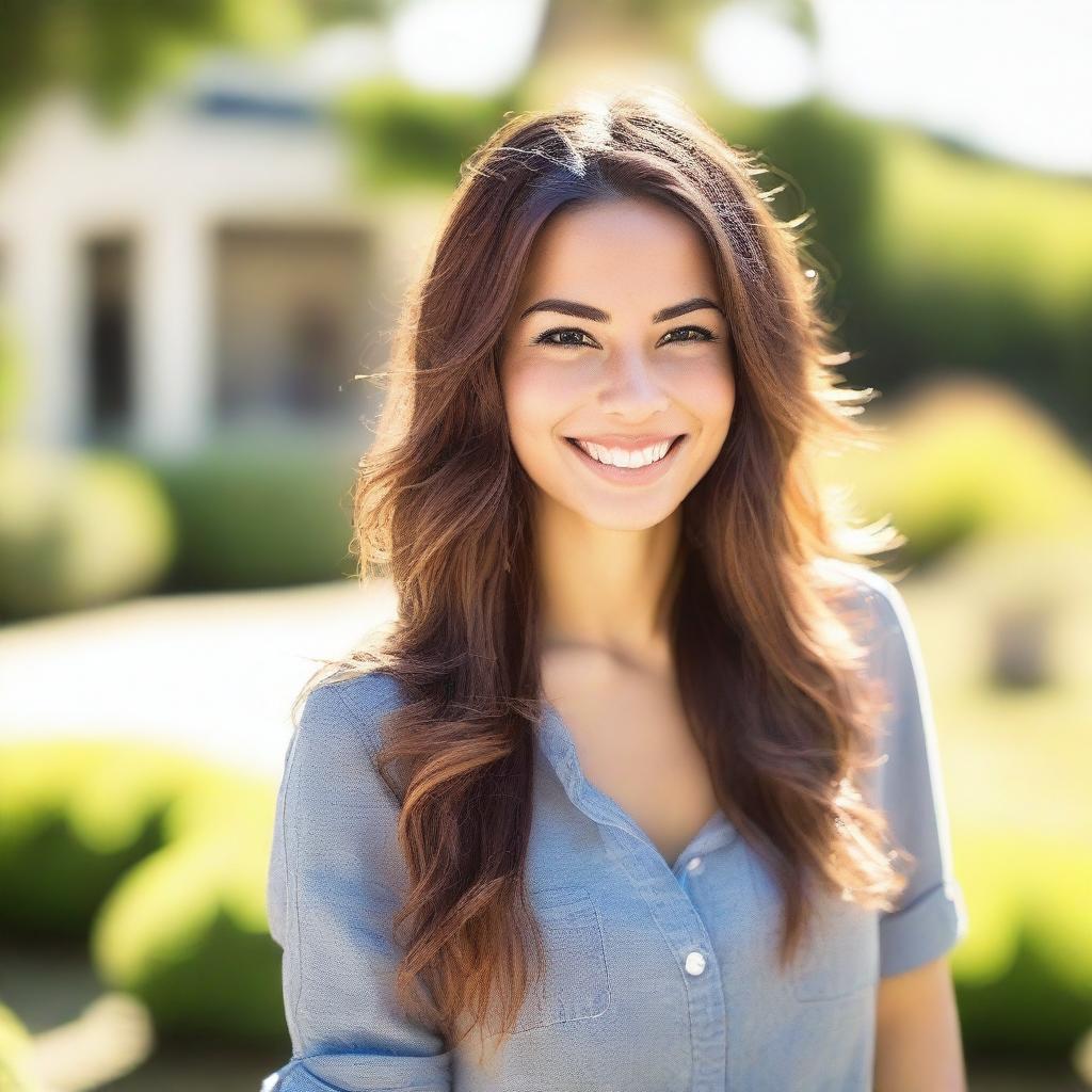 A beautiful young woman in her 20s with long hair, a confident smile, and stylish clothing