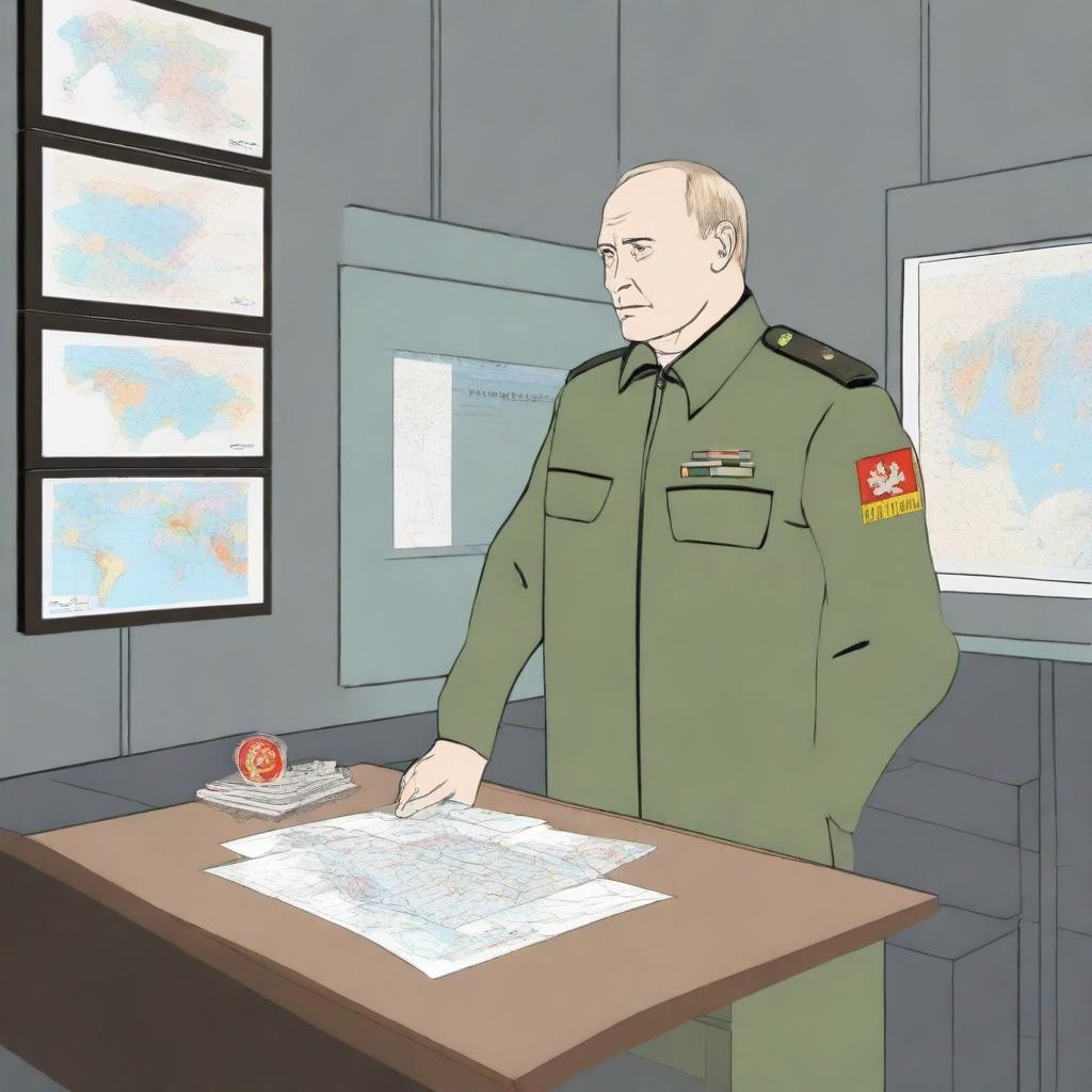 An illustration of Putin in military uniform, standing in a command center with screens displaying maps and tactical information