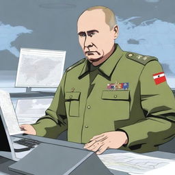 An illustration of Putin in military uniform, standing in a command center with screens displaying maps and tactical information