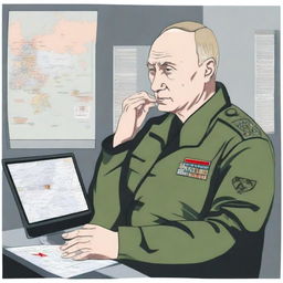 An illustration of Putin in military uniform, standing in a command center with screens displaying maps and tactical information