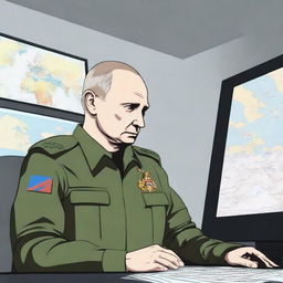 An illustration of Putin in military uniform, standing in a command center with screens displaying maps and tactical information