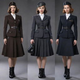 Dieselpunk school uniforms including elements of the 1940s and 1950s fashion, contrasted with futuristic industrial motifs with a dominant use of darker tones and metallic adornments.