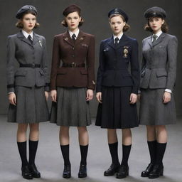 Dieselpunk school uniforms including elements of the 1940s and 1950s fashion, contrasted with futuristic industrial motifs with a dominant use of darker tones and metallic adornments.