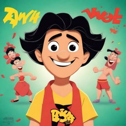 Create a cartoony movie poster in the style of Disney, featuring an Asian character with a perm who is mad and egotistical