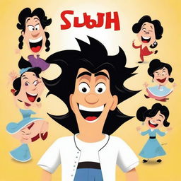 Create a cartoony movie poster in the style of Disney, featuring an Asian character with a perm who is mad and egotistical