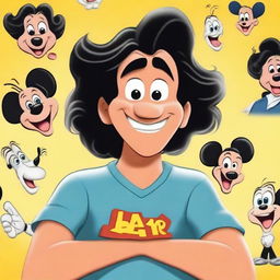 Create a cartoony movie poster in the style of Disney, featuring an Asian character with a perm who is mad and egotistical