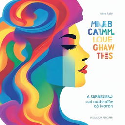 Create a book cover illustrating a woman's profile, where the inside of her face is filled with vibrant colors of the rainbow