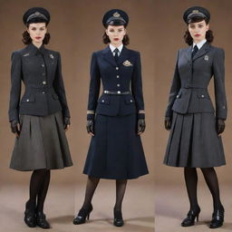 Dieselpunk school uniforms including elements of the 1940s and 1950s fashion, contrasted with futuristic industrial motifs with a dominant use of darker tones and metallic adornments.