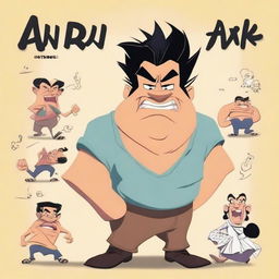 Create a cartoony movie poster in the style of Disney, featuring an angry Asian character with a perm who is egotistical