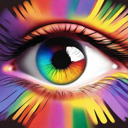 Generate an image depicting an eye filled with vibrant, explosive colors, radiating from the pupil and creating a mesmerizing spectacle of hue and light