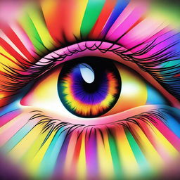 Generate an image depicting an eye filled with vibrant, explosive colors, radiating from the pupil and creating a mesmerizing spectacle of hue and light