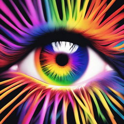 Generate an image depicting an eye filled with vibrant, explosive colors, radiating from the pupil and creating a mesmerizing spectacle of hue and light