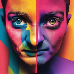 Generate an image showcasing eyes filled with vibrant colors, where one half is bathed in light showcasing the colors, while the other half is shrouded in shadow, creating a striking contrast