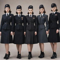 Dieselpunk school uniforms including elements of the 1940s and 1950s fashion, contrasted with futuristic industrial motifs with a dominant use of darker tones and metallic adornments.