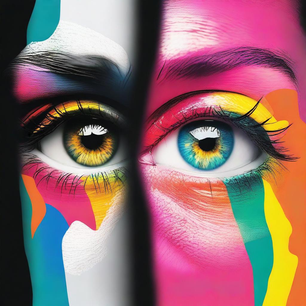 Generate an image showcasing eyes filled with vibrant colors, where one half is bathed in light showcasing the colors, while the other half is shrouded in shadow, creating a striking contrast