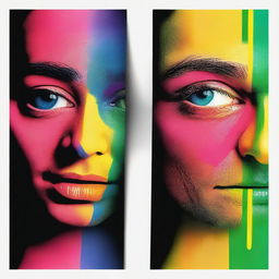 Generate an image showcasing eyes filled with vibrant colors, where one half is bathed in light showcasing the colors, while the other half is shrouded in shadow, creating a striking contrast