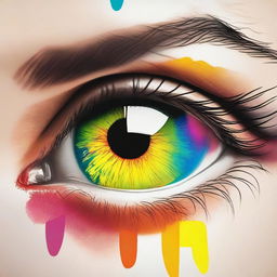 Generate an image of a pair of eyes filled with vibrant colors where half of each eye is brightly illuminated, revealing the spectrum of colors, and the other half is in shadow, creating a dramatic and captivating contrast