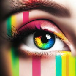 Generate an image of a pair of eyes filled with vibrant colors where half of each eye is brightly illuminated, revealing the spectrum of colors, and the other half is in shadow, creating a dramatic and captivating contrast