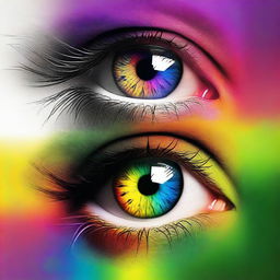 Generate an image of a pair of eyes filled with vibrant colors where half of each eye is brightly illuminated, revealing the spectrum of colors, and the other half is in shadow, creating a dramatic and captivating contrast