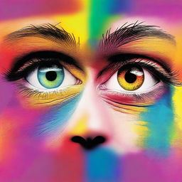 Generate an image of a pair of eyes filled with vibrant colors where half of each eye is brightly illuminated, revealing the spectrum of colors, and the other half is in shadow, creating a dramatic and captivating contrast