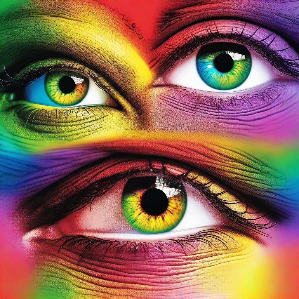 Generate an image of a pair of African American eyes, filled with wonder and awe, as they gaze upon a vibrant rainbow
