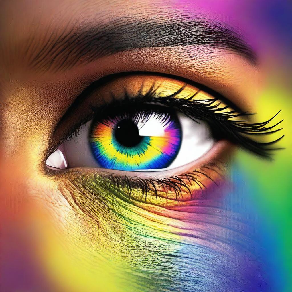 Generate an image of a pair of African American eyes, filled with wonder and awe, as they gaze upon a vibrant rainbow