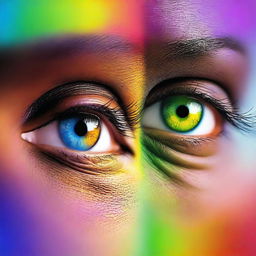 Generate an image of a pair of African American eyes, filled with wonder and awe, as they gaze upon a vibrant rainbow