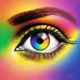 Generate an image of a pair of African American eyes, filled with wonder and awe, as they gaze upon a vibrant rainbow