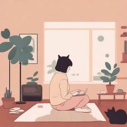 Generate an image of a girl in a lo-fi setting