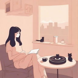 Generate an image of a girl in a lo-fi setting