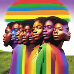 Generate an image of a group of African American people, filled with wonder and awe, as they gaze upon a vibrant rainbow