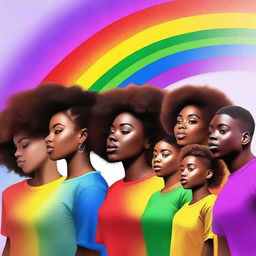Generate an image of a group of African American people, filled with wonder and awe, as they gaze upon a vibrant rainbow