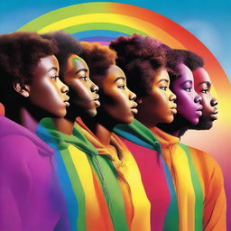 Generate an image of a group of African American people, filled with wonder and awe, as they gaze upon a vibrant rainbow