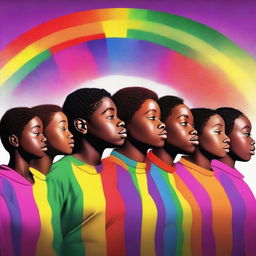 Generate an image of a group of African American people, filled with wonder and awe, as they gaze upon a vibrant rainbow