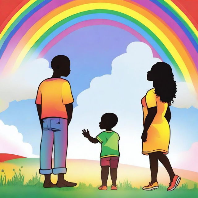 Generate an image of an African American family looking at a rainbow