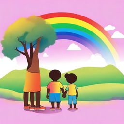 Generate an image of an African American family looking at a rainbow