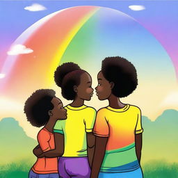 Generate an image of an African American family looking at a rainbow