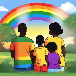 Generate an image of an African American family looking at a rainbow