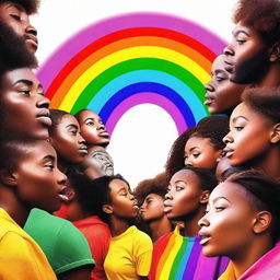 Generate an image of a group of African American people looking in awe at half of a rainbow