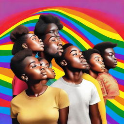 Generate an image of a group of African American people looking in awe at half of a rainbow