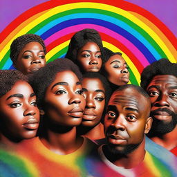 Generate an image of a group of African American people looking in awe at half of a rainbow