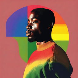 Generate an image of an African American individual staring at half of a rainbow