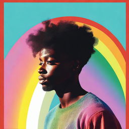 Generate an image of an African American individual staring at half of a rainbow