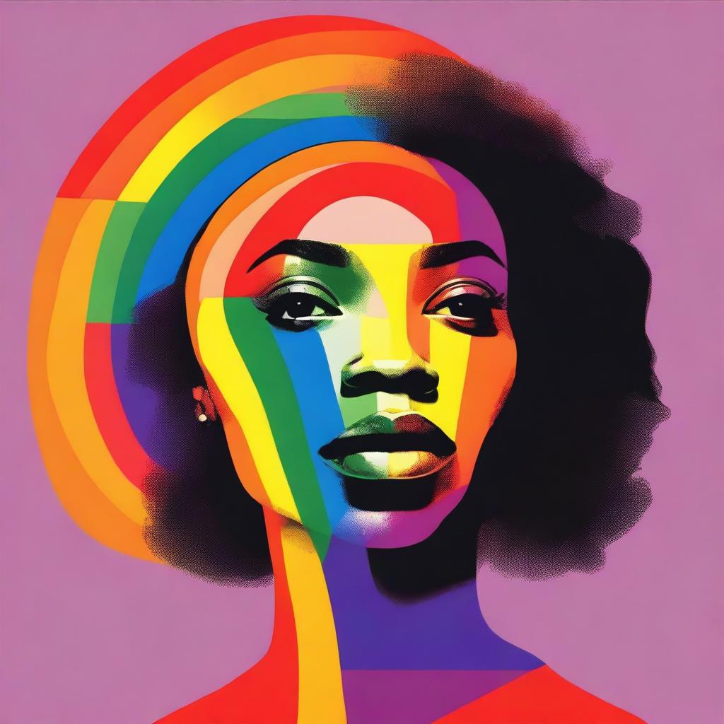 Generate an image of an African American woman looking at half of a rainbow